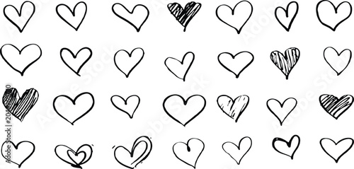 Fotografía Set of black hand drawn heart silhouettes and outlines romantic doodle elements vector illustration background