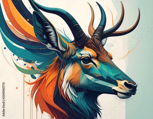 Vibrant Geometric Antelope Portrait Facing Side on Abstract Light Background