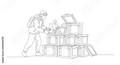 Tableau sur toile Thief Stealing Loot from Stack of Cargo Boxes, Continuous Line Art Style