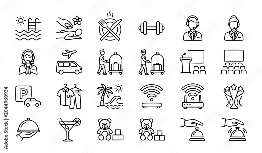 Fototapeta premium Hotel and Resort Amenity Outline Icons Editable Stroke Vector Collection