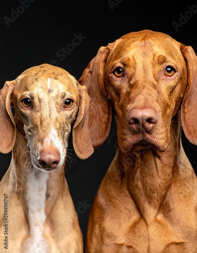 Two dogs with distinctive coats and floppy ears look directly at the camera