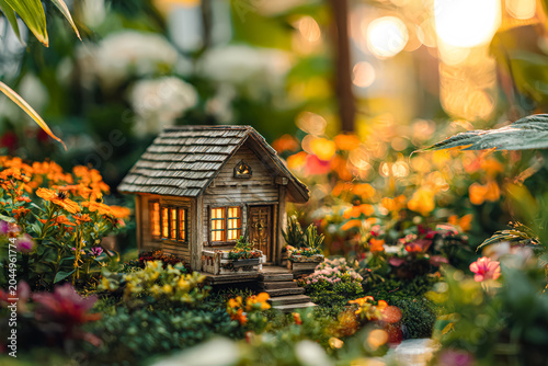 Miniature Wooden House in Vibrant Garden Setting at Sunset