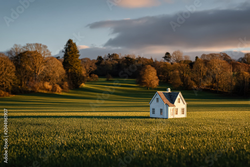 Miniature House on Green Field with Forest Background