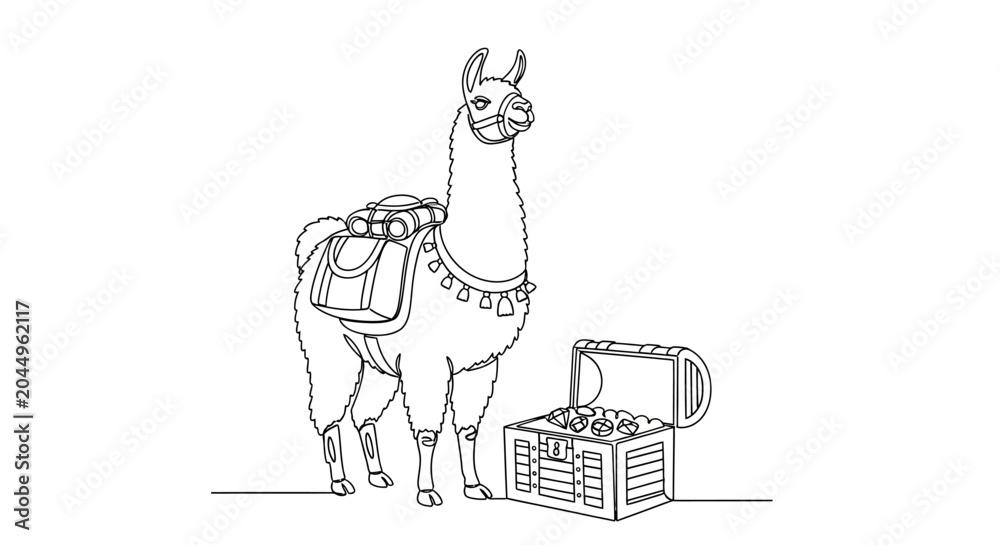 Fototapeta premium Llama with Treasure Chest - Line Art Illustration