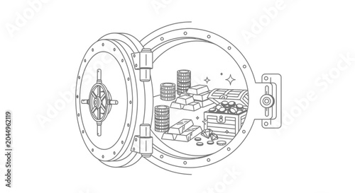 Foto Open Vault Filled with Gold Bars, Coins, and Treasure Chest - Secure Wealth Stor