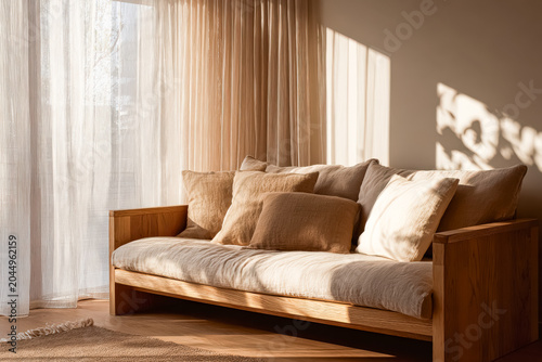 Wooden Sofa with Cushions in Sunlit Living Room