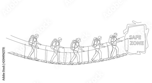 Bild auf Leinwand Hikers crossing suspension bridge to safe zone, teamwork, adventure, line art il