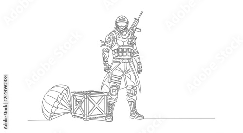 Canvastavla Modern Soldier with Parachute and Crate Line Art Illustration