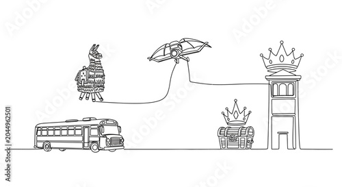 Bild auf Leinwand Whimsical journey: Llama pi?ata, bus, and treasure chest leading to a castle tower