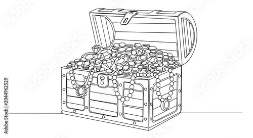 Bild auf Leinwand Open Treasure Chest Overflowing with Jewels and Gold Coins - Black and White Dra