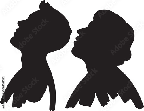 Two black silhouette profiles of people looking at each other isolated on white background