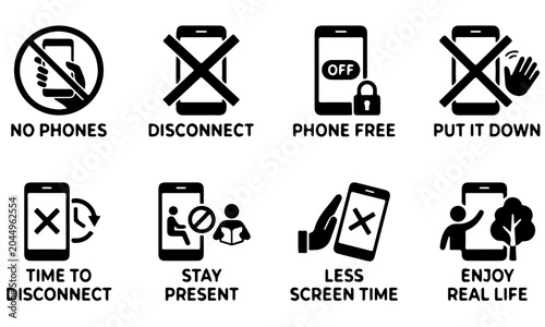 Photos A collection of icons encouraging people to disconnect from phones and enjoy real life in various settings and activities