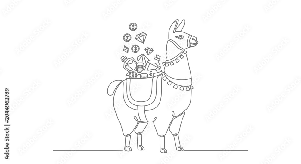 Fototapeta premium Llama carrying treasure, gold coins, and gems in a single line art illustration.