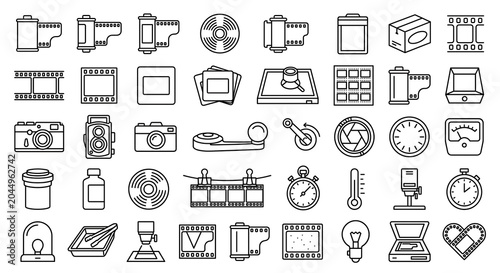 Canvastavla Set of thin line icons for photography and film development