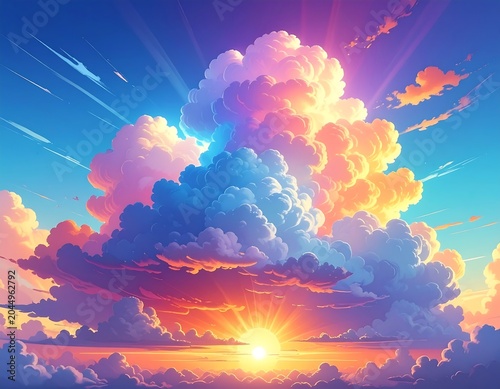 Vibrant sunset with a large, fluffy cloud and radiant sun