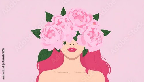 Stylized Young Woman with Pink Hair Posed with Peony Flowers Covering Eyes on Pastel Background