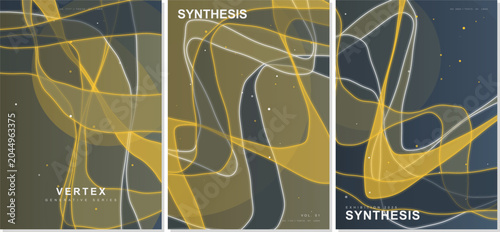 Photos Abstract yellow and grey fluid wave vector poster template bundle set featuring futuristic glowing liquid line gradients, generative synthesis vertex art, and cosmic backgrounds