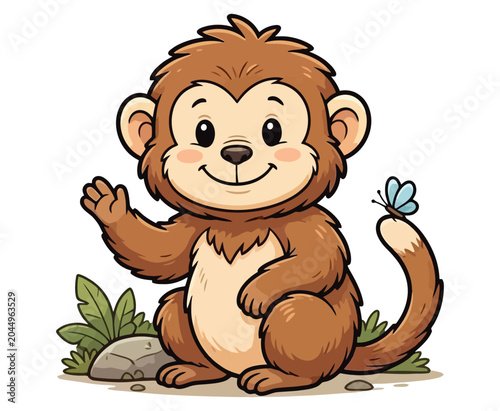 Canvas Print Cute baby monkey cartoon character waving with butterfly on tail.