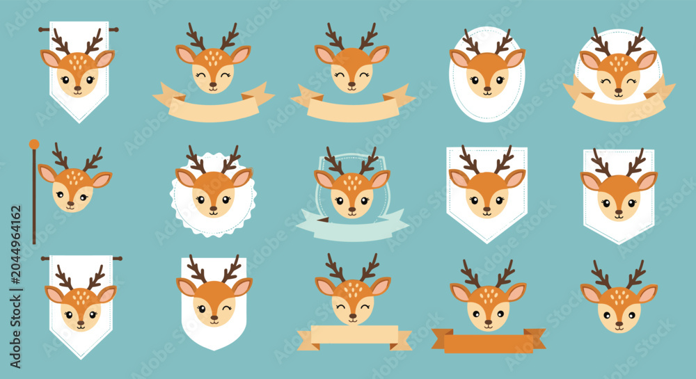 Fototapeta premium Adorable baby deer head icons displayed on several ribbons, banners, and circular frames in a soft teal color palette.