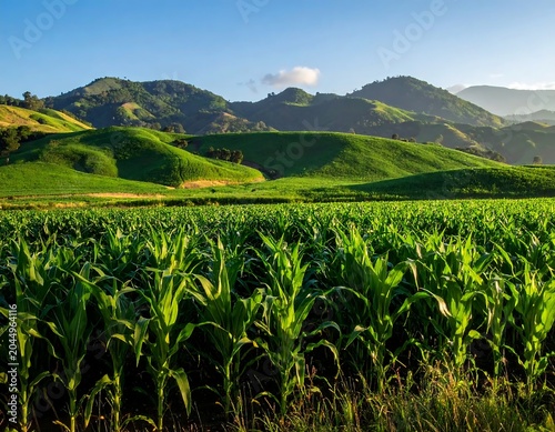 Lush Green Cornfield Stretching Across Rolling Hills Under Clear Blue Sky
