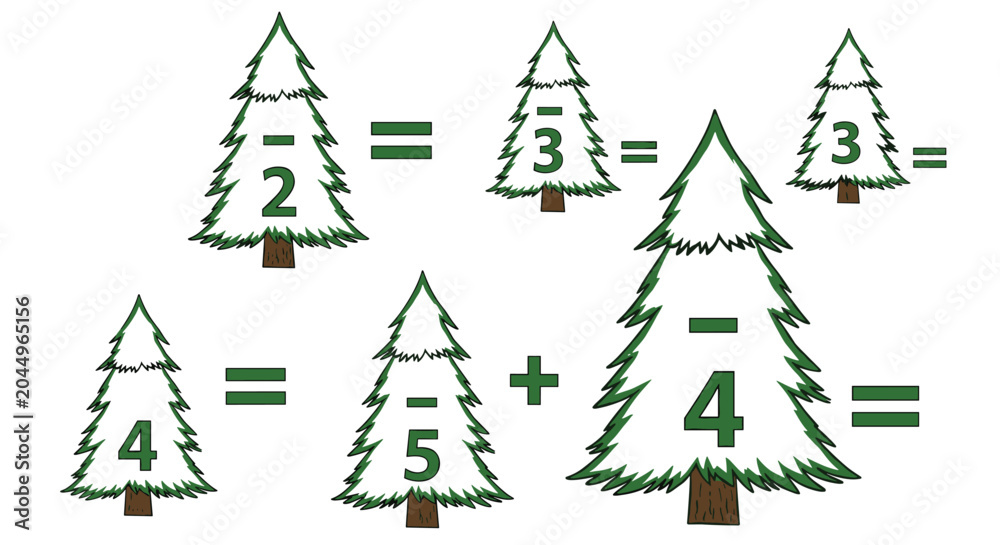 Obraz premium Educational math worksheet for children featuring subtraction problems with numbers written on snow-covered evergreen trees in a winter forest.
