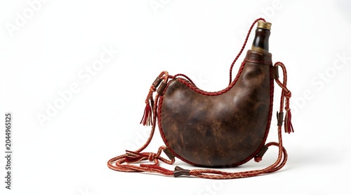 Authentic brown leather bota bag, a traditional spanish artifact, handcrafted for holding wine during pamplona's san fermín festival celebrations.