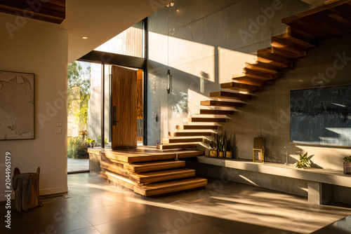 Modern Interior with Wooden Staircase and Sunlit Entrance