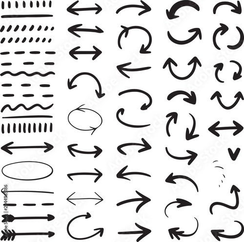 A varied grid of black hand drawn lines, scribbles, and arrow shapes on a white background