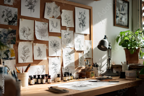 Creative Workspace with Botanical Sketches and Art Supplies
