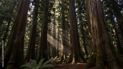 Sunlight filters through ancient towering trees. Moss clings to rough bark, whispering nature's age. Ferns sprawl below, adding lush green to the forest floor. Dappled light dances across mossy ground