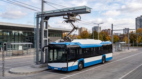 Electric bus charging station in urban landscape modern transport hub electric vehicle infrastructure eco-friendly environment wide-angle view