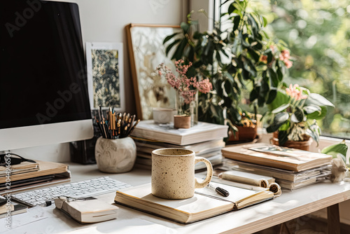 Creative Home Workspace with Desktop Computer and Sketchbooks