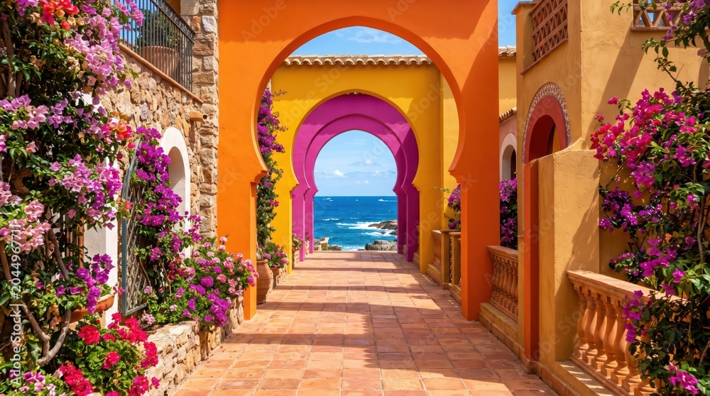 Fototapeta premium Colorful arched walkway leading to seaside view with vibrant bougainvillea and terracotta tiles. warm mediterranean courtyard setting framed by stone walls and ocean horizon for travel use.