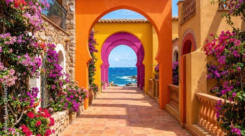 Colorful arched walkway leading to seaside view with vibrant bougainvillea and terracotta tiles. warm mediterranean courtyard setting framed by stone walls and ocean horizon for travel use.