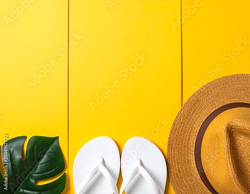 Bright Summer Accessories Arranged on Yellow Wooden Background