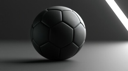 Black football on matte charcoal surface with soft rim light and empty space