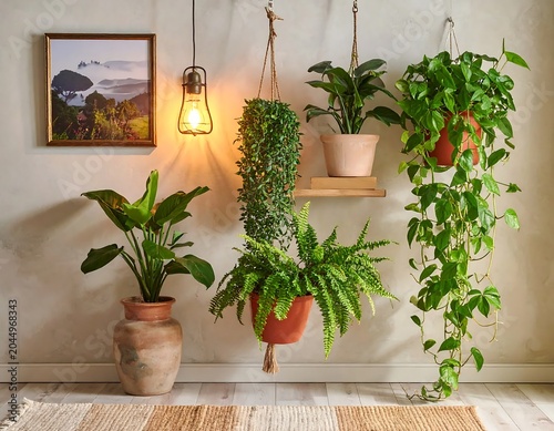 Lush Indoor Houseplants Hanging on Beige Wall in Cozy Home Corner