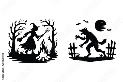Konstfotografi Halloween fantasy silhouettes set with witch by bonfire and snarling werewolf