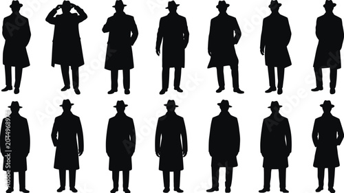 Tableau sur toile Noir Detective silhouette collection featuring trench coat and fedora hat characters, classic mystery and crime investigation themed vector set