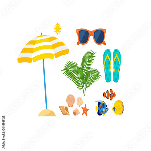 Colorful beach vacation flat icons set