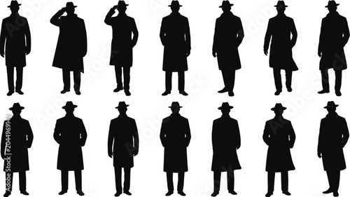 Foto Noir Detective silhouette collection featuring trench coat and fedora hat characters, classic mystery and crime investigation themed vector set