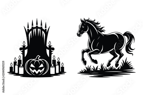 Fotografie Vector silhouette set of jack o lantern chair and galloping horse with halloween
