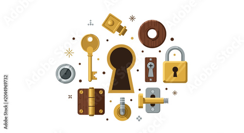 Antique Door Hardware and Security Icon Set with Key, Padlock, and Keyhole Flat Vector Illustration