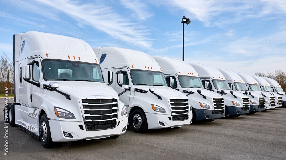 Naklejka premium Row of new white semi-trucks parked in a lot under a clear blue sky