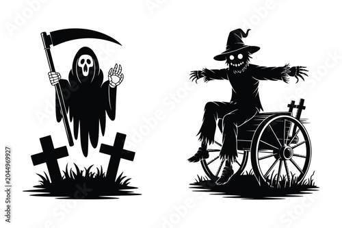 Bild auf Leinwand Grim reaper silhouette with a scythe at a grave and a scary scarecrow on a cart