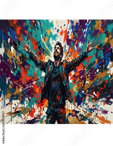 Man raising arms in colorful abstract background