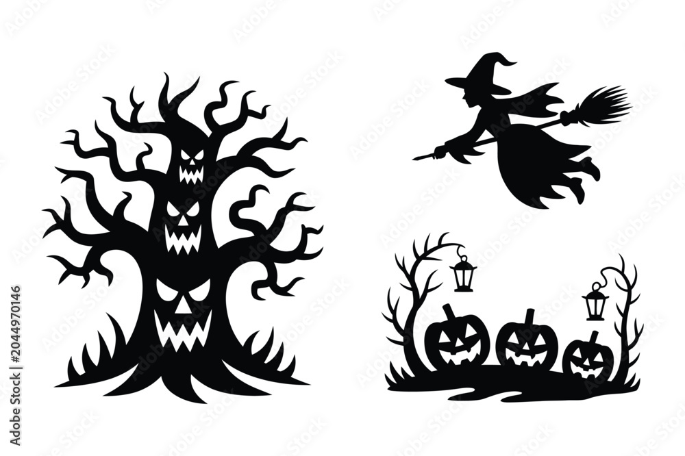 Fototapeta premium Evil haunted tree and witch flying on broomstick halloween silhouette set