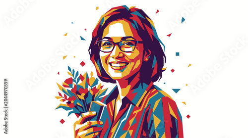 Photos Smiling woman with dark hair glasses.