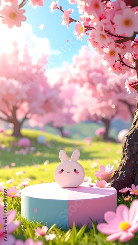 Cute Pink Bunny Figurine Resting on Round Pedestal in Blooming Spring Garden