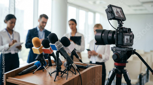 Press junket with microphones and camera, Journalists preparing for a press conference 